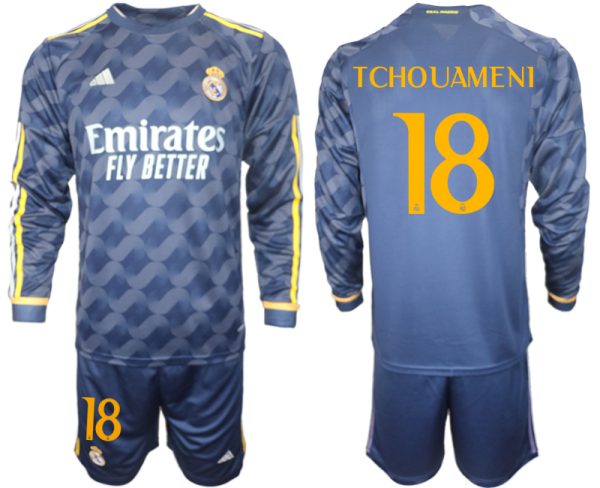 Real Madrid Aurelien Tchouameni #18 Uit tenue Mensen 2023-24 Lange Mouwen (+ Korte broeken) Voetbalshirts